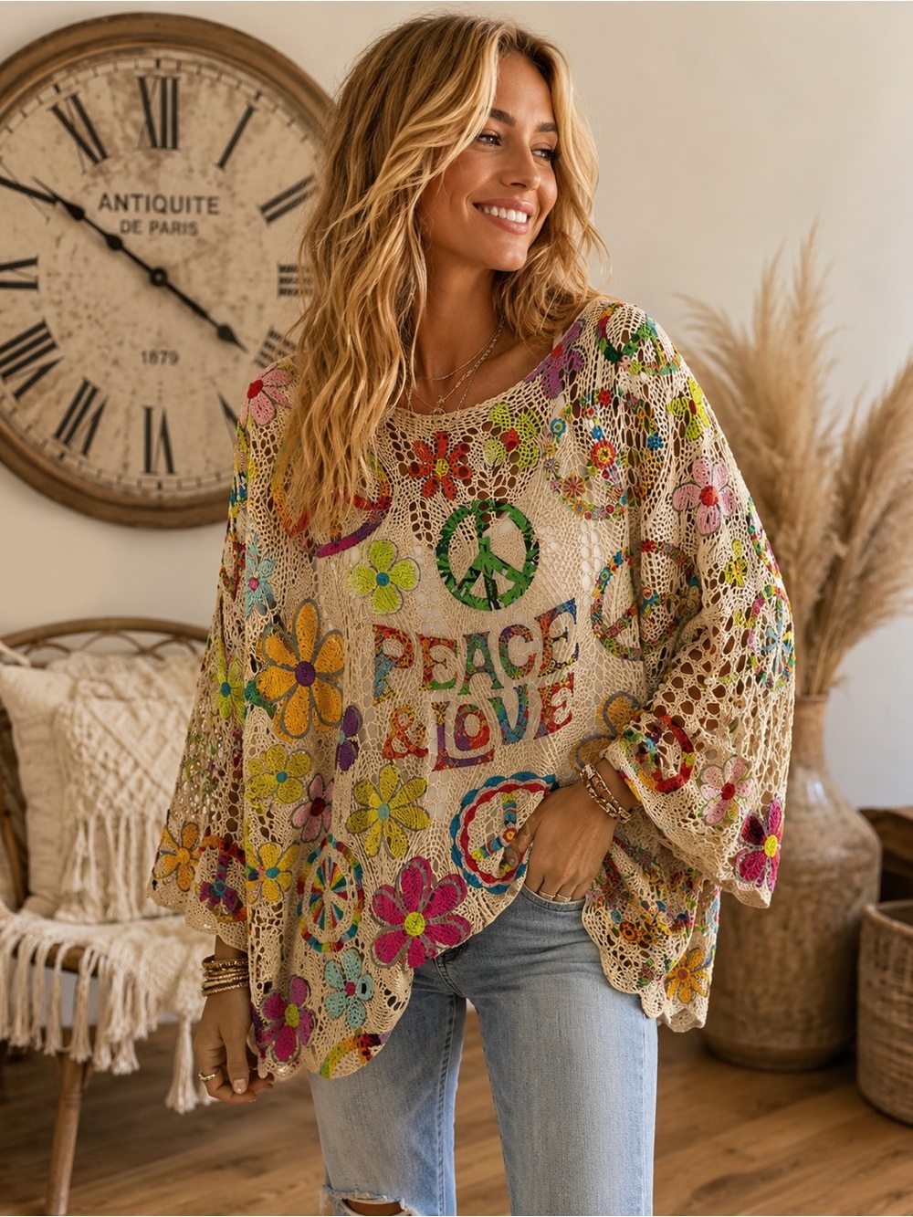 New Peace Sign & Flowers Sweater